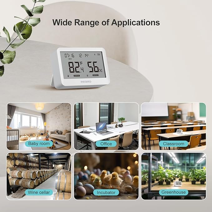 INKBIRD ITH-21-B Bluetooth Thermometer Hygrometer, Indoor Temperature Humidity Sensor with Large Screen Display, App Notification Alert, Free Data Storage Export for Home Office Greenhouse