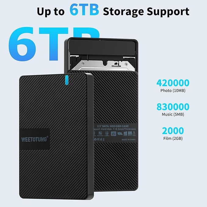 USB-C External Hard Drive Enclosure 2.5'' HDD SSD for sata - WEETOTUNG 6Gbps Tool-Free Case Compatible with UASP Drive - for 7mm 9.5mm Drive with MacBook WD Seagate PlayStation (Case Only)