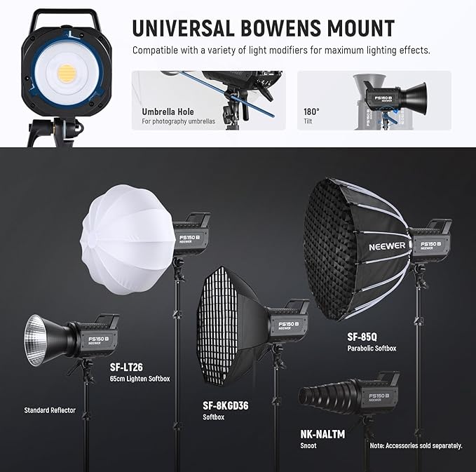 NEEWER FS150B LED Video Light 2.4G/APP Control,130W Bi Color COB Silent Photography Continuous Output Lighting with 4 Types Precise Dimming, 72000lux/1m, 2700K-6500K, CRI 97+,12 Effects, Bowens Mount