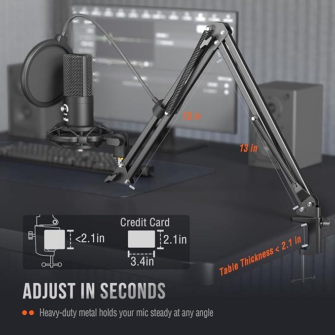 FIFINE Studio Condenser USB Microphone Computer PC Microphone Kit with Adjustable Boom Arm Stand Shock Mount for Instruments Voice Overs Recording Podcasting YouTube Vocal Gaming Streaming-T669