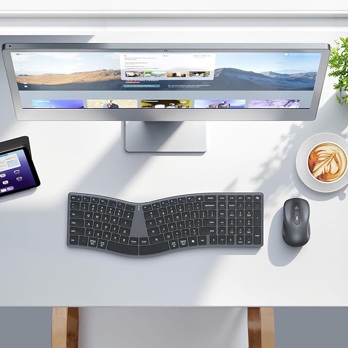 MEETION Ergonomic Keyboard and Mouse Wireless, Split S-Curve Design, 2.4G Wireless & Dual Bluetooth, Slim Low-Profile Rechargeable Full Size Keyboard, 4 DPI Mouse for Windows Mac PC Laptop Computer, Q