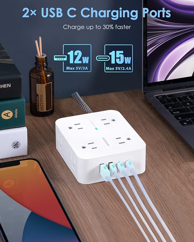6Ft Surge Protector Power Strip with USB C, HANYCONY Extension Cord with 8 Outlets(2.2 IN) 4 USB Ports(2 USB C), Flat Plug, Wall Mount, 3 Side Outlet Extender for Home Dorm Room Essentials, ETL Listed