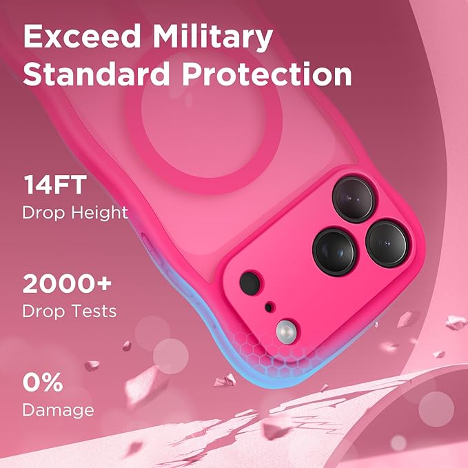 CAPRARO Magnetic for iPhone 17 Pro Case for Women Girls, Upgraded [Full Camera Protection] [Compatible with MagSafe] Cute Wave Translucent Matte Phone Case for iPhone 17 Pro, Hot Pink