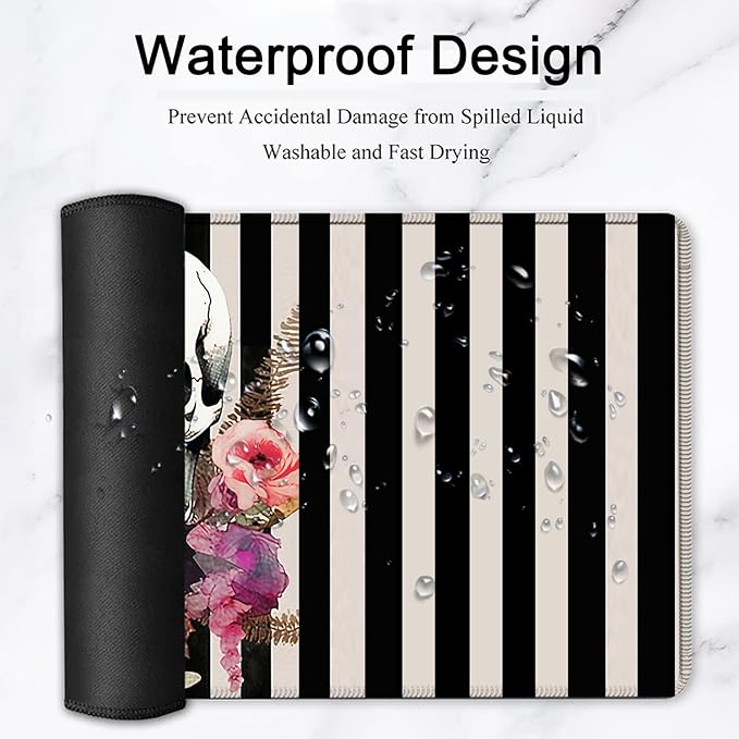 Large Mouse Pad, 31.5 x 11.8in Extended Gaming Mouse Pad with Stitched Edges,XXL Mousepad Protector Non Slip Rubber Base for Office & Home Writing Mat,Skulls and Flowers Black & White Stripes Desk Mat