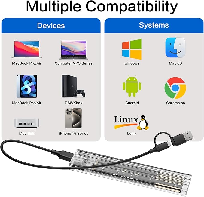 M.2 NVMe SSD Enclosure, High-Speed to USB Enclosure with USB 3.2 Gen 2 10Gbps, Compatibility for NVMe SSD M-Key/(B+M) Key, for 2230/2242/2260/2280 SSDs with C-C to A Cable