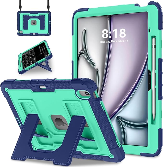 Kids Friendly Case for iPad Air 13 Inch M4 M3 M2 2026/2025/2024 Case with Pencil Holder & Shoulder Strap, Military Grade Shockproof Kickstand Hard Shell Protective Cover,Blue+Mint