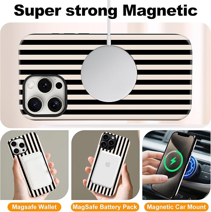 Magnetic for iPhone 15 Case Cute Stripes Phone Case, Shockproof Slim TPU and Hard PC Protective Phone Cover Compatible with MagSafe Designed for Women Girls, Black and White
