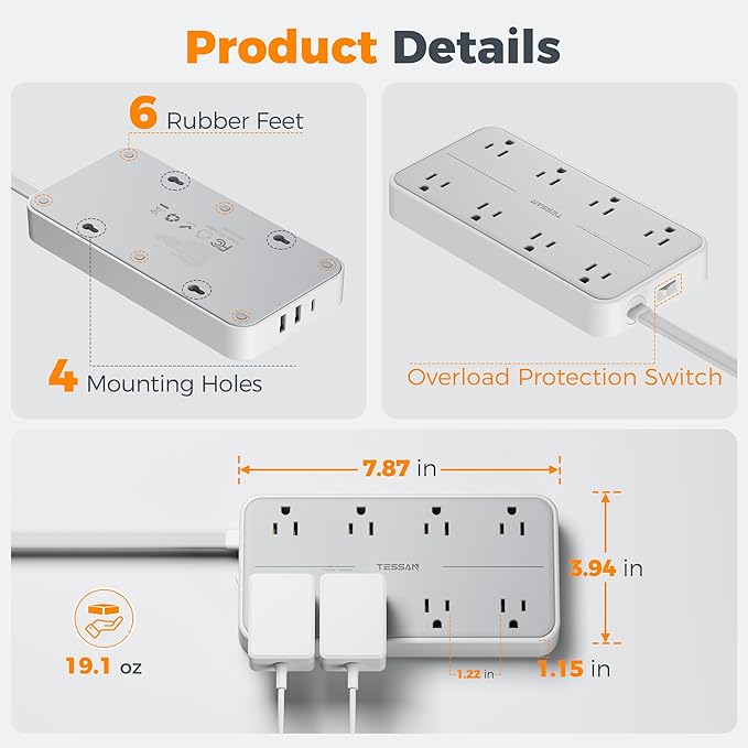 TESSAN Power Strip Surge Protector, 6FT Flat Plug Extension Cord with 8 Outlets 3 USB Charger(1 USB C), 1080 Joules Protection, 1875W 15A, Wall Mountable Charging Station for Home Office Dorm, Gray