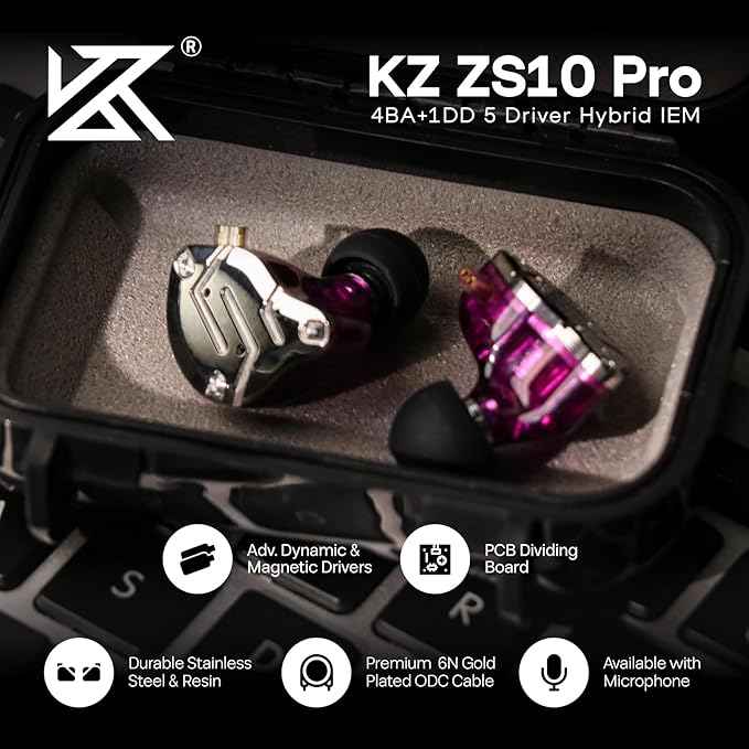 Linsoul KZ ZS10 Pro, 4BA+1DD 5 Driver in Ear Monitor, HiFi Wired Earbuds, Gaming Earbuds, Hybrid IEM Earphones with Stainless Steel Faceplate, Detachable Cable for Musician (Without Mic, Purple)