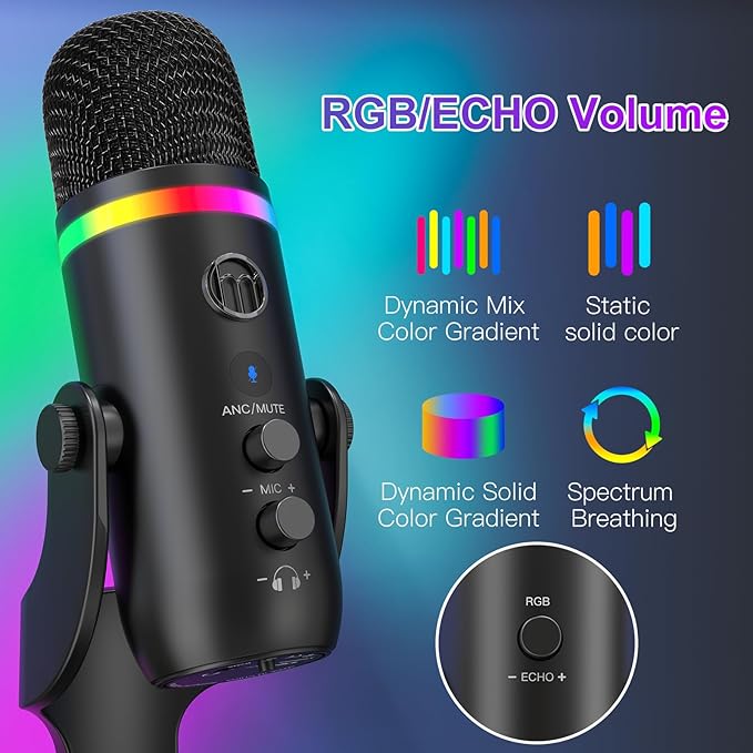 ZealSound Podcast Microphone for PC, USB Noise Cancelling Mic with RGB Lighting, Mute & Gain Control, Zero-Latency Monitoring for Mac, iPhone, iPad, Computer, Streaming, Recording, Podcasting K66 Pro