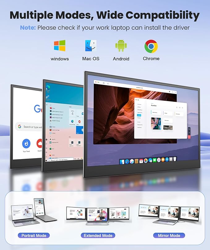 One Cable Laptop Screen Extender, 15.6” Ultra-Slim Triple Portable Monitor, 1080P FHD IPS Display, USB-C/USB-A Connection, Travel Monitor for 13–17.3" Laptops, MacOS/Windows/Android