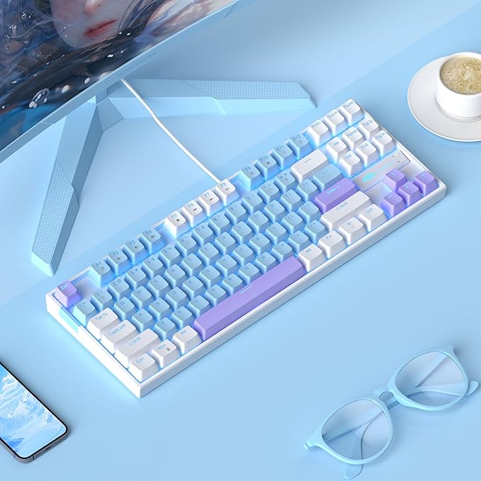 MageGee 75% Mechanical Gaming Keyboard, Blue Switch, LED Blue Backlit, 87 Keys Compact TKL Wired Keyboards for Windows Laptop PC Gamer - Blue/White