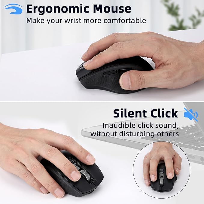 Wireless Bluetooth Mouse with USB-A, USB-C Receiver, Rechargeable, 3-Device, Full-Size, Silent Click, Ergonomic Mice for MacBook/Laptop/Computer/Tablet/PC/iPad-Black