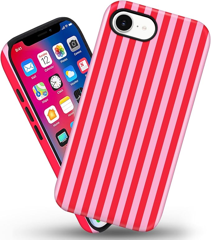 Magnetic for iPhone 16e Case Cute Stripes Phone Case, Shockproof Slim TPU and Hard PC Protective Phone Cover Compatible with MagSafe Designed for Women Girls, Red and Pink