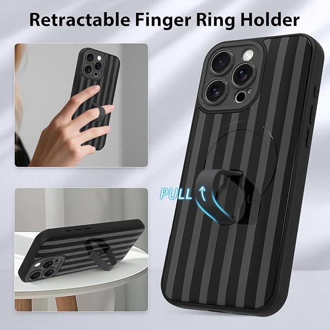 KANGHAR Compatible with iPhone 16 Pro Case, Support for MagSafe, Silicone Stripes Cute Pattern, Wristband Kickstand Camera Protection Soft Slim Cover for Girls Women -Black