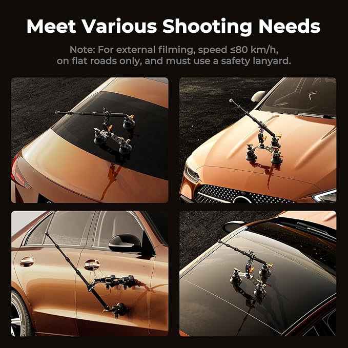K&F CONCEPT Triple Suction Cup Car Mount for Camera, Heavy Duty 3-in-1 Kit with 15° Curved Surface Adjustment, Extension Pole & Phone Holder, Compatible with Insta360 X5/X4 GoPro DJI Action 5/4/3/2