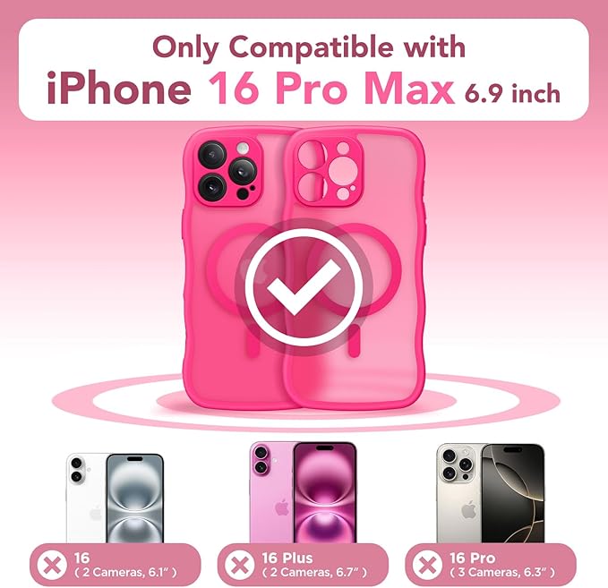 CAPRARO for iPhone 16 Pro Max Case for Women Girls, Upgraded [Full Camera Protection] [Compatible with MagSafe] Cute Wave Translucent Matte Phone Case for iPhone 16 Pro Max, Hot Pink