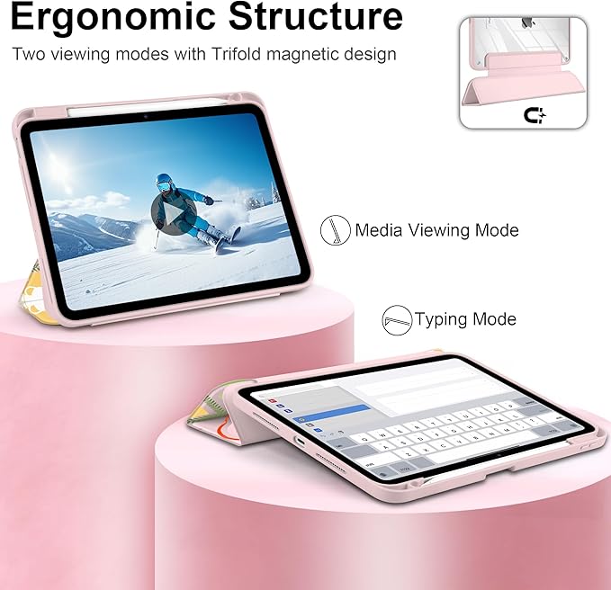 Case for iPad Pro 13 inch (M5) 2025 (M4) 2024 Release Slim Lightweight Cute Light Pink Cover with Clear Back TPU Edge Pencil Holder Trifold Stand, Creative Collage