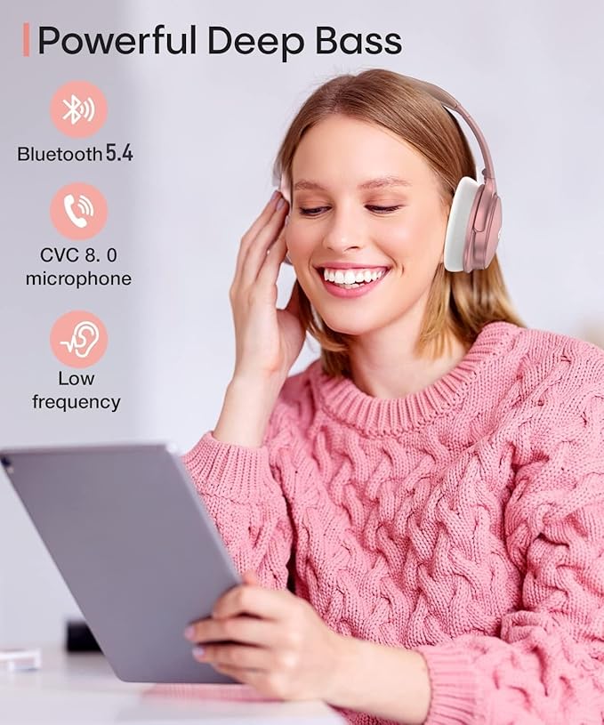 INFURTURE Pink Headphones Over Ear Headphones Active Noise Cancelling Bluetooth Headphones, Deep Bass Headset, Low Latency, 90H Playtime, Foldable Headphone for Sport Running Cool Gadgets Gift-H1