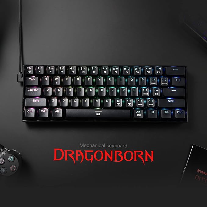 Redragon K630 Dragonborn 60% Wired RGB Gaming Keyboard, 61 Keys Compact Mechanical Keyboard with Tactile Blue Switch, Pro Driver Support, Black