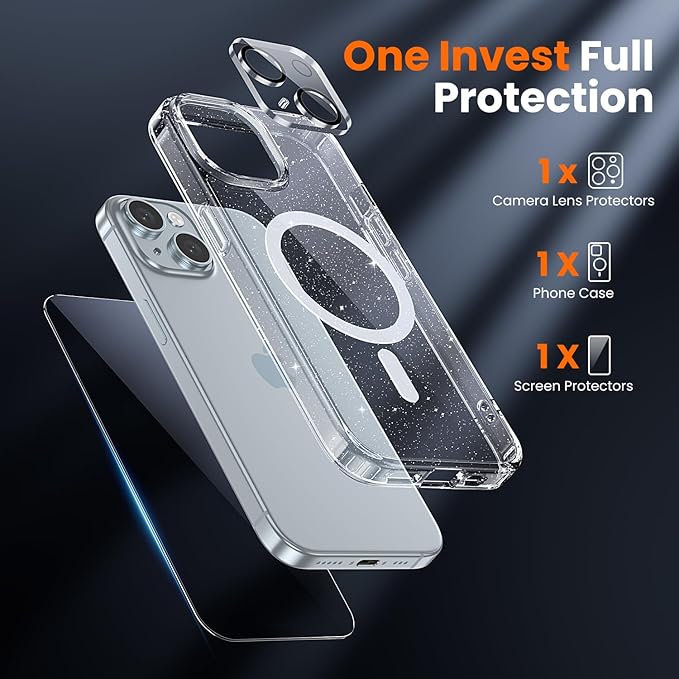 toushion 3 in 1 for iPhone 15 Case Clear with MagSafe, Not Yellowing, Screen Protector*1 Camera Lens Protector*1, Military-Grade Protection for iPhone 15 Phone Case 6.1 inch Clear Glitter