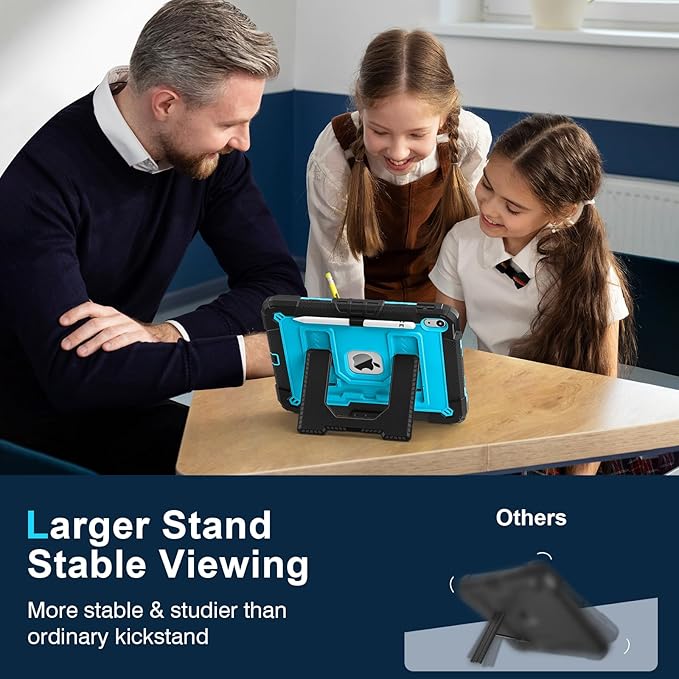 Kids Friendly Case for iPad A16 11th Generation 11 Inch 2025 / iPad 10th Generation 10.9" 2022 Case with Pencil Holder & Shoulder Strap, Hybrid iPad 11 10 Cover Rugged Shockproof Kickstand,Black+Blue