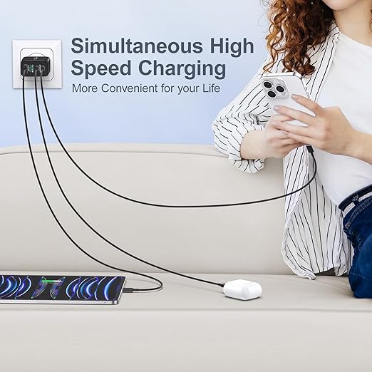 USB Charger Block, 40W 4 Port Dual QC+PD3.0 Fast Charging Block, USB C Charger Block Power Adapter Wall Plug for iPhone 15/14/13/12/11/Pro Max/XS/XR/8/7, iPad, Samsung Phone, Tablet-6FT Type C Cable