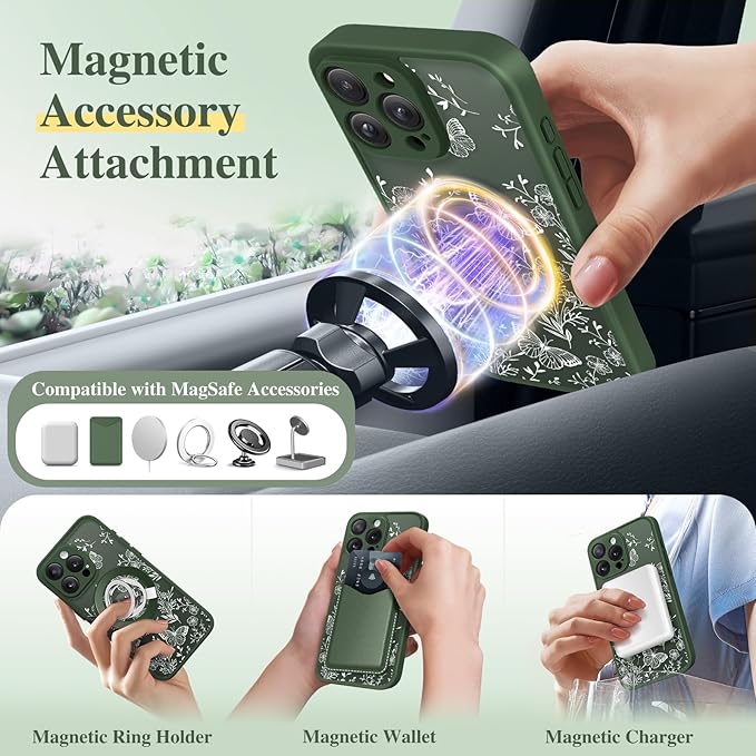 GVIEWIN for iPhone 16 Pro Max Case Compatible with MagSafe, [Military Grade Protection] [Screen Protector] Full Camera Protection Floral Translucent Women Magnetic Phone Case, Tuberose/Forest Green