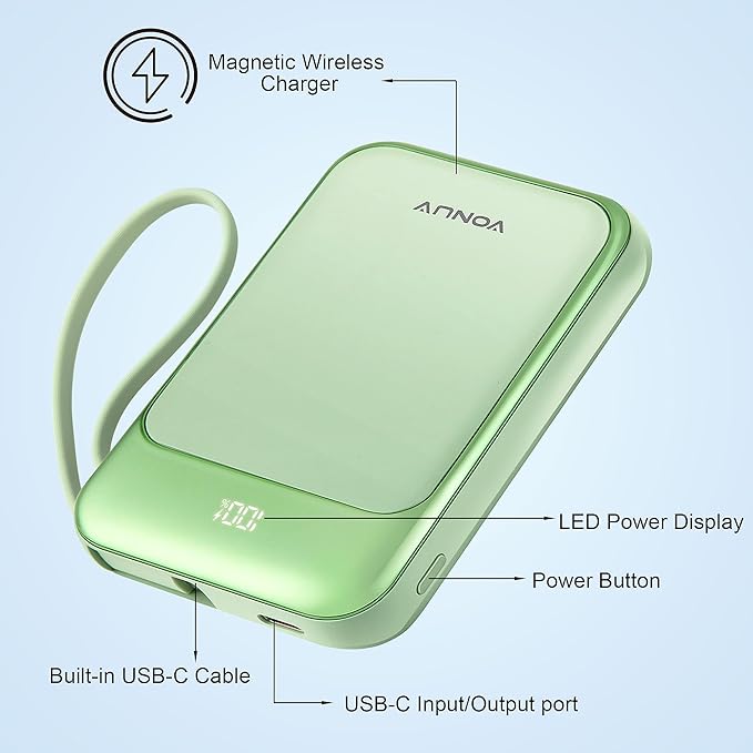 Magnetic Power Bank 10000mAh, Wireless Portable Charger with 15W Max Fast Charging & Built-in USB-C Cable, 22.5W PD LED Display Battery Pack Compatible with iPhone 17/16/15, Samsung Galaxy(green)