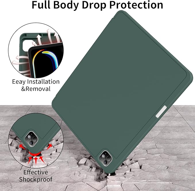 for iPad Pro 13 inch Case (M5/M4) 2025/2024, Slim Protective Cover with Pencil Holder, Soft TPU Back Cover, Trifold Stand, Auto Wake/Sleep, A2925 A2926 A3007 A3362 A3359 (Dark Green)