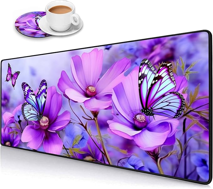Desk Pad Mat Gaming Mouse Pads with Coasters,Stitched Edges Design Mouse Pad XXL Large Mouse Pad for Laptop Computers Purple Flowers and Butterflies Desk Writing Mat for Office & Home