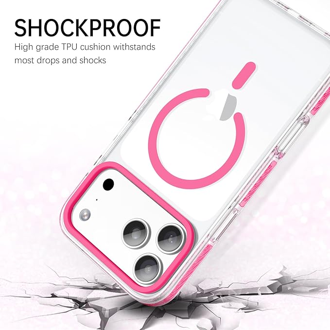 BENTOBEN Magnetic for iPhone 17 Pro Max 6.9" Case, Compatible with Magsafe Military Shockproof Protective Bumper Cute Transparent Slim Anti-Yellowing Case for iPhone 17 Pro Max Cover, Clear Hot Pink