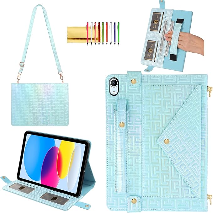 Shiny Case for iPad (A16) 2025 11"/iPad 10th Generation Handbag with Hand Strap, Techcircle Crossbody Iridescent Folio Stand Wallet Case with Pencil Holder+Card Slots+Shoulder Strap, Shiny Blue
