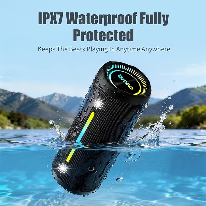 Bluetooth Speaker Wireless Loud Stereo Sound IPX7 Waterproof Outdoor Portable 25W Super Bass Speakers for Home Party Beach with 24H Playtime Colorful Lights BT 5.3 TWS Pairing Birthday Gift Black