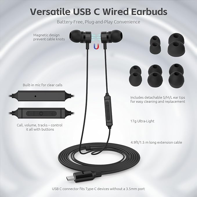 MORMOQUE USB C Headphones for iPhone 15 16 17,for Samsung S20-S23 A53 A54 Type C Wired Earbuds,Built-in Microphone Hi-Fi Bass Earphones,4.9ft Long Cord Magnetic in-Ear Ear Buds with 6 Ear Tips(Black)