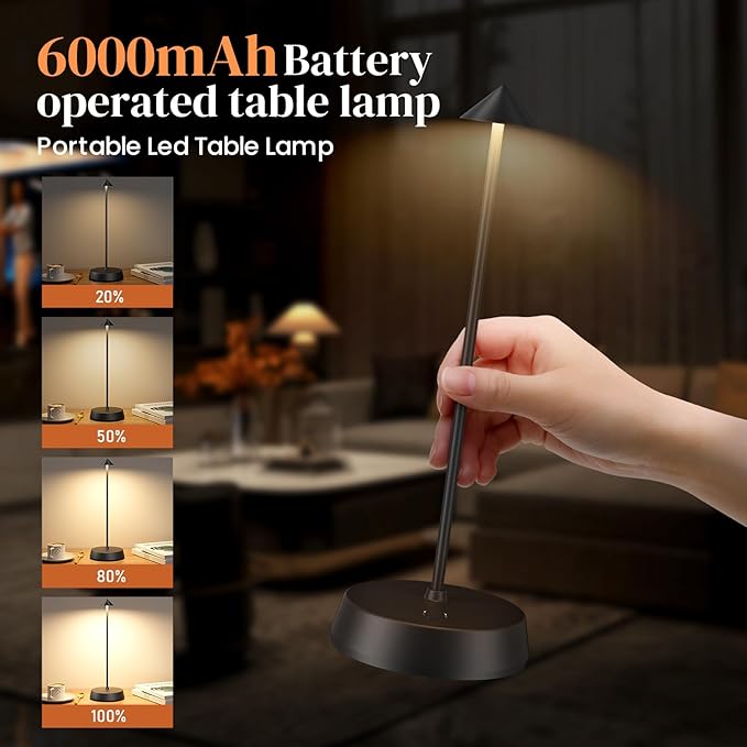 Rechargeable Cordless Small Table Lamp,6000mAh Battery Operated,LED Touch Dimmable Modern TableTop,Portable Outdoor Wireless Bedside Night Light for Restaurant/Dining/Bedroom/Living Room/Coffee(Black)