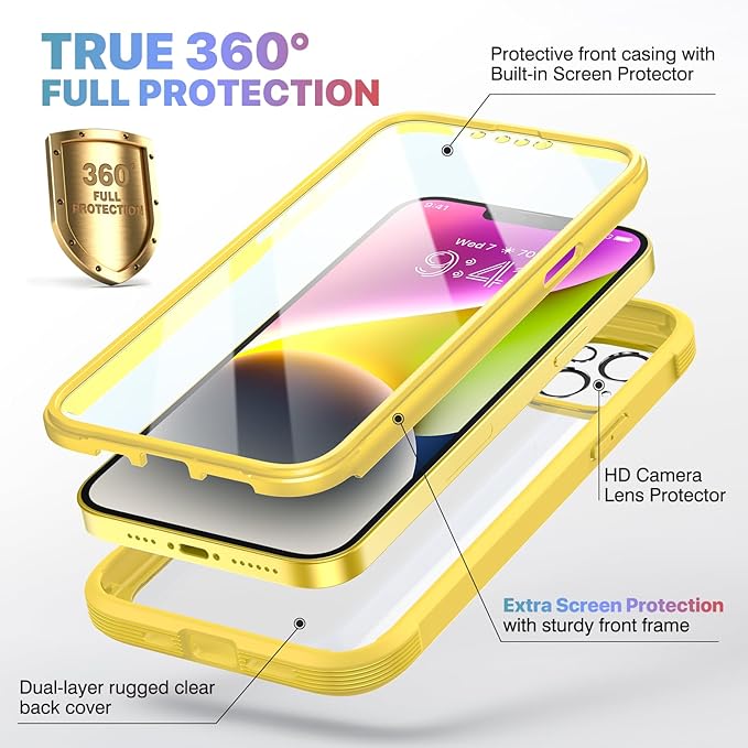Diaclara Designed for iPhone 14 Plus Case, Full Body Rugged Case with Built-in Touch Sensitive Anti-Scratch Screen Protector, with Camera Lens Protector for iPhone 14 Plus 6.7" (Lemon Yellow)