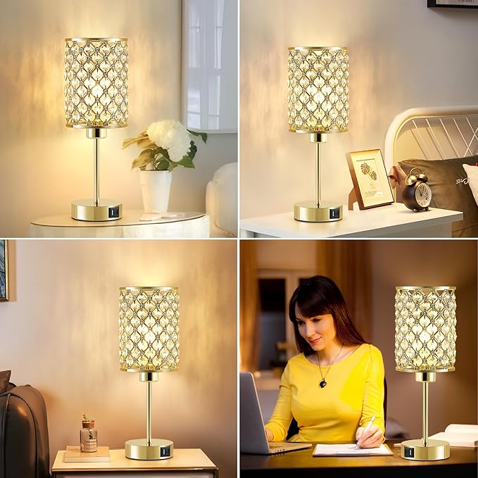 GyroVu Crystal Table Lamp, Gold Touch Lamp for Nightstand with USB C+A Ports, Dimmable Lamp with Crystal Shade, Bedside Lamp Small Lamp for Bedroom, Living Room(Buld Included)