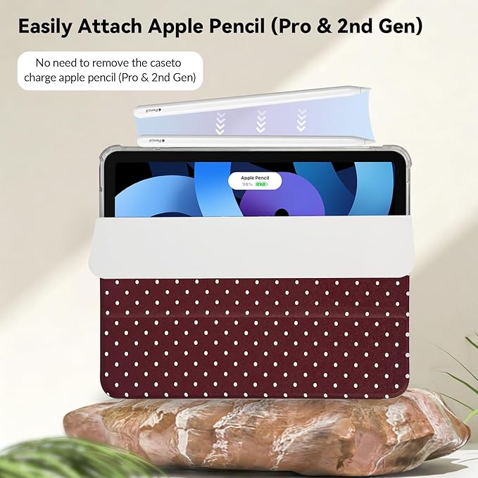 Lovmooful Compatible for iPad Air 6th 11-inch M2 (2024),iPad Air 5/4 (2022/2020 5th/4th Generation 10.9-Inch) Case with Pencil Holder Cute Polka Dot Design Soft TPU Trifold Stand Protective-Wine Red