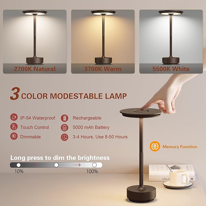 Cordless Table Lamp, Rechargeable 5000mAh Outdoor LED Table Lamp, 3 Levels Brightness Dimming IP54 Waterproof Touch Battery Powered Table Lights, Dining Room/Patio/Nightstand (2Pack Brown)