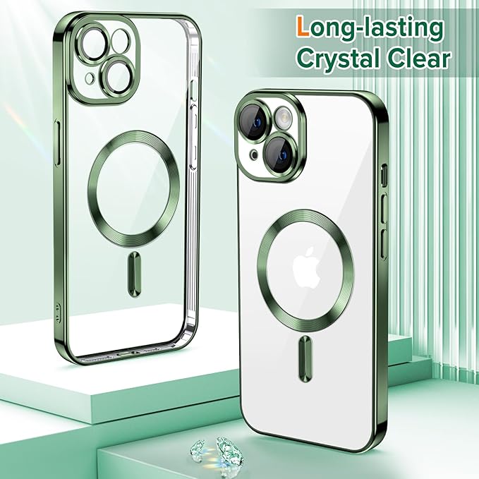 Hython Magnetic Clear for iPhone 14 Case with Camera Lens Protector [Compatible with MagSafe] Luxury Plating Edge Slim Soft TPU Cover Protective Phone Case for iPhone 14 6.1", Deep Green