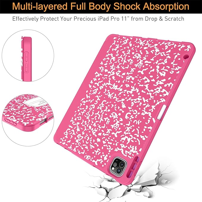 Soke for iPad Pro 11 Case (M2) 2022/2021/2020 with Pencil Holder - [Full Body Protection + Apple Pencil Charging + Auto Wake/Sleep], Soft TPU Back Cover for 2022 iPad Pro 11 inch(Book Hot Pink)