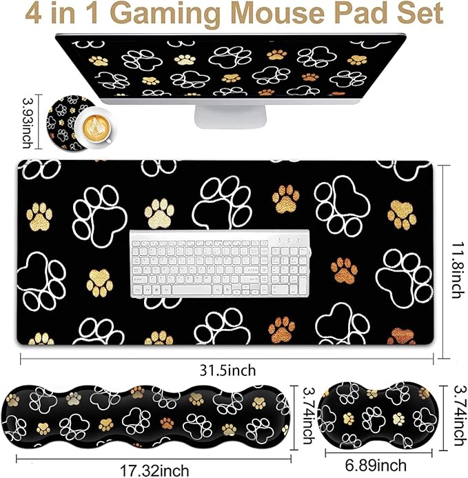 Gaming Mouse Pad XXL Large Desk Mat Non-Slip Rubber Mice Pads Stitched Edges(31.5x11.8 in) Ergonomic Premium Memory Foam Keyboard Wrist Rest and Cute Dog Paw Prints Extended Black Mouse Pad Set