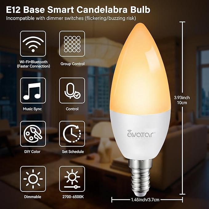 2 Pack E12 LED Light Bulb Compatible w/Google Siri Alexa Light Bulb 5W Type B Smart Bulb RGBCW 16 Million Color Changing Bulb 2.4G WiFi B11 Candelabra Bombillos Work w/Smart Life AvatarControls APP