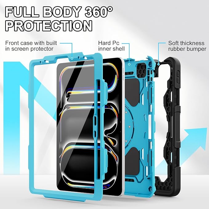 iPad Air 11 inch Case M2 2024 6th Gen, for iPad Air 5th/4th, Full-Body Shockproof Protective Cover with Screen Protector, Also for iPad Pro 11 inch Case 1st-4th Generation, Pencil Charge