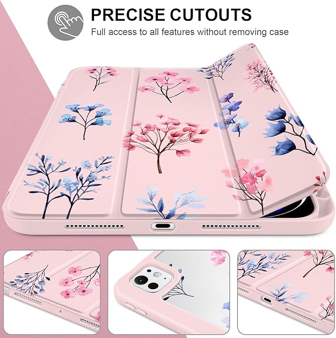 Case for iPad Pro 13 inch (M5) 2025 (M4) 2024 Release Slim Lightweight Cute Light Pink Cover with Clear Back TPU Edge Pencil Holder Trifold Stand, Hand-Drawn Florals