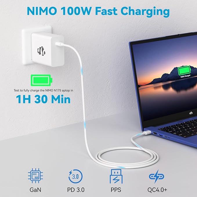 NIMO MacBook Pro Charger, 100W GaN USB C Charger Compatible with MacBook Air, Samsung Galaxy, NIMO Laptops, iPad Pro, and More, Fast Charging, Durable & Compact Design, Includes 6.6FT USB C Cable