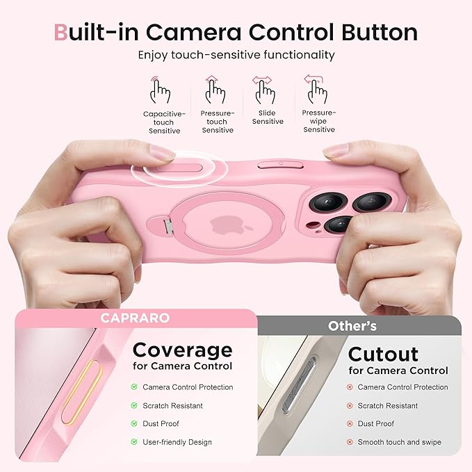 CAPRARO for iPhone 16 Pro Case with 360° Spin Magnetic Stand for Women, [Compatible with MagSafe] [Full Camera Protection] Cute Wave Translucent Matte Case for iPhone 16 Pro, Peach Pink