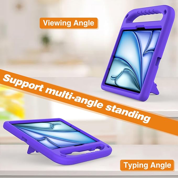 Kids Case for Apple iPad Air 11 inch M4/M3/M2 (2026/2025/2024) with Pencil Stylus Holder/Handle/Kickstand Slim Lightweight Cute Soft Shockproof EVA Folio Stand Protective Tablet Cover, Purple