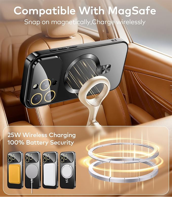 TOBOVON Magnetic for iPhone 16 Pro Case with Ring Stand, Fits MagSafe, with Built-in Camera Lens Protector, Slim Electroplated Shockproof Phone Cover, Black